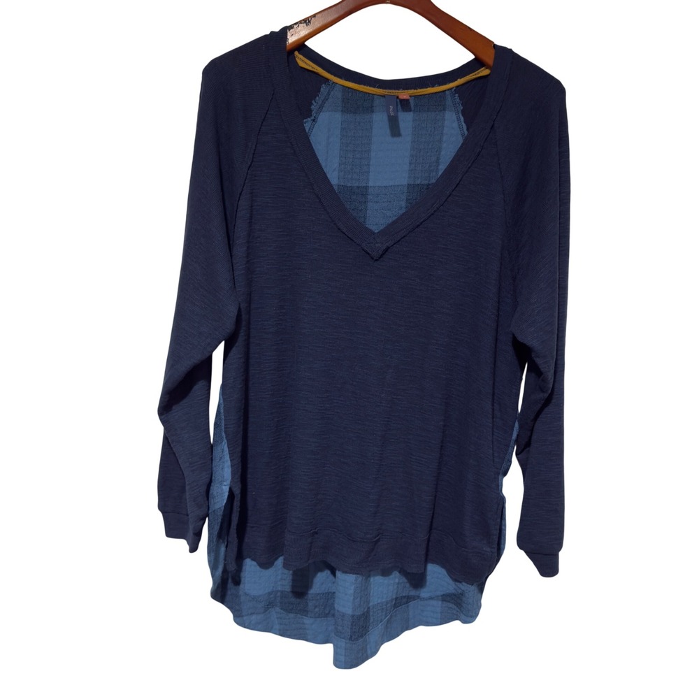 Pilcro Anthropologie Mixed Media Plaid Back V Neck Long Sleeve Top Medium